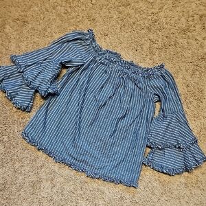 Beige By Eci Striped Off-Shoulder Bell Sleeve Top